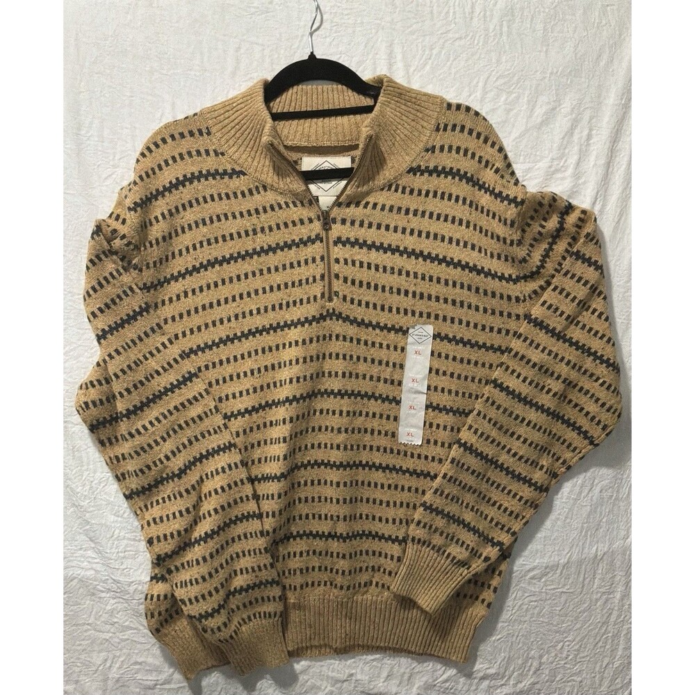 St. John's Bay Men's XL 1/4 Zip Mock Neck Knit Cotton Striped Sweater Beige